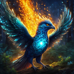 Naklejka na meble bird of paradise, baby phoenix born from ashes, smiling face, mystery forest background