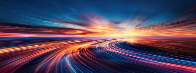 Wall Mural - Abstract modern artwork with high speed sync blue and red lights background. Dark navy and orange tones, vibrant colorscape with high horizon lines.