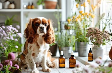 Wall Mural - Adorable dog sitting on a table with essential oil bottles in the background, creating a calm and natural atmosphere.