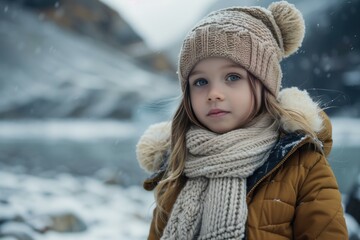 Sticker - Closeup of a child with blue eyes wearing a warm hat and scarf amidst gentle snowfall