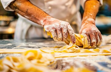 Wall Mural - Close-up of a chef's hands rolling out dough for pasta.