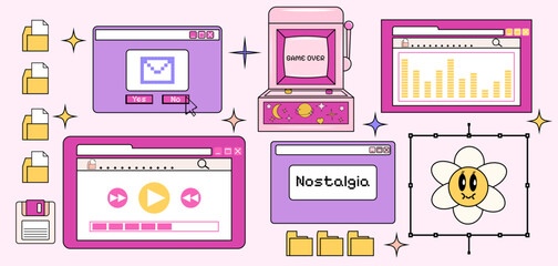 Poster - Sticker pack. Set of retro pc and computer icons. Browser and pop-up window. Vector illustration. Isolated. Psychedelic and hippie. Aesthetics. Brutalism