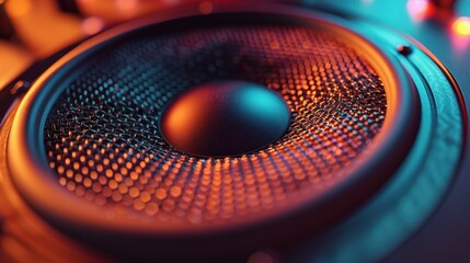 Close-up of a vibrant, illuminated speaker cone with colorful lighting, showcasing the intricate details of sound equipment.