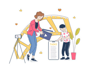 Poster - Developing content marketing plan. Mother and son video bloggers stand in front of camera. Planning of promotion in social networks. Blogger with tasks. Outline flat vector illustration
