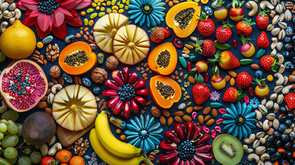 dynamic image of colorful fruits and nuts arranged in decorative patterns ready to be used as ingredients in Eid dishes and desserts