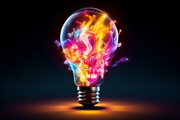 Wall Mural - incandescent lamp with colorful smoke, on a dark background. creative light bulb exploding with colo