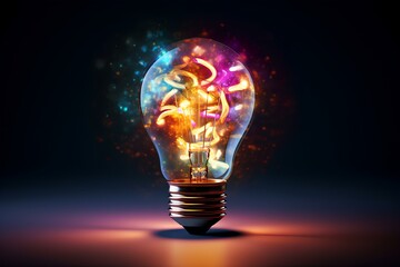 Wall Mural - incandescent lamp with colorful smoke, on a dark background. creative light bulb exploding with colo