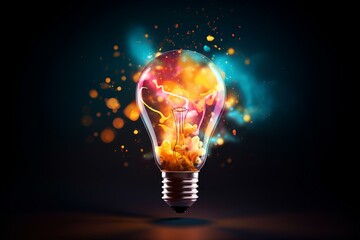 Wall Mural - incandescent lamp with colorful smoke, on a dark background. creative light bulb exploding with colo