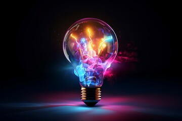 incandescent lamp with colorful smoke, on a dark background. creative light bulb exploding with colo