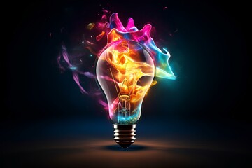 incandescent lamp with colorful smoke, on a dark background. creative light bulb exploding with colo