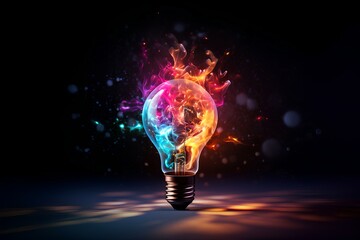 Wall Mural - incandescent lamp with colorful smoke, on a dark background. creative light bulb exploding with colo