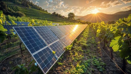 This stunning image captures agrovoltaics at sunset, showcasing solar panels integrated with a vineyard. It highlights the harmony between renewable energy and traditional farming.