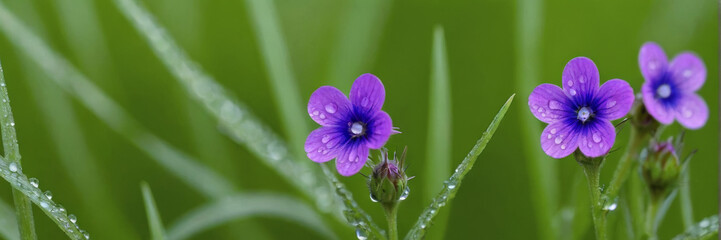 Green wild grass, tiny flowers and dewdrops. The banner.