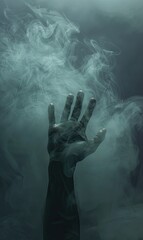 Wall Mural - Dramatic image of an eerie outstretched hand in foggy darkness, representing horror, mystery, and supernatural themes.