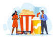 © Rudzhan - A man and a woman stand next to giant packages of popcorn and 3d glasses. Cinema industry, movies and entertainment concept. Flat vector illustration isolated on white background