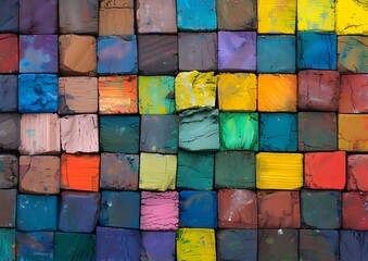 Poster - Colorful pastel colored square shaped color chalk blocks are arranged in the shape of an intricate pattern
