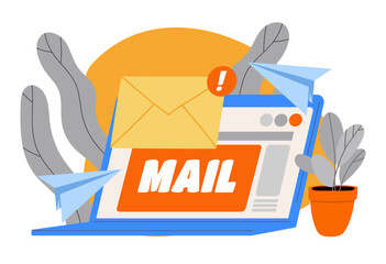 Poster - email marketing concept. social networks promotion. sending out emails to clients. envelope with let