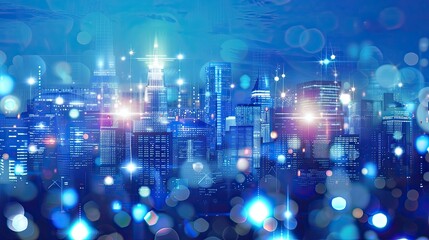 Wall Mural - Illustration of a modern futuristic smart city concept with abstract bright lights against a blue background. Showcases cityscape urban architecture, emphasizing a futuristic technology city concept