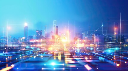Wall Mural - Illustration of a modern futuristic smart city concept with abstract bright lights against a blue background. Showcases cityscape urban architecture, emphasizing a futuristic technology city concept