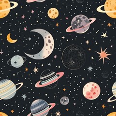 Wall Mural - Cosmic Dreams: A Whimsical Seamless Pattern of Planets and Stars