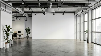 Wall Mural - Modern office interior with a white wall mockup and concrete floor. Open space office interior with mock up wall.