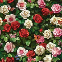 Wall Mural - Vibrant Assortment of Roses and Butterflies in a Lush Floral Background