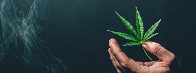 Wall Mural - Person holding a fresh cannabis leaf on a dark background, representing natural medicine and alternative treatments.