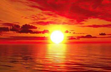 Wall Mural - Red sunset over the sea. Large and round sun shining brightly against an orange sky with dark clouds. In front of it lies calm water reflecting its light.