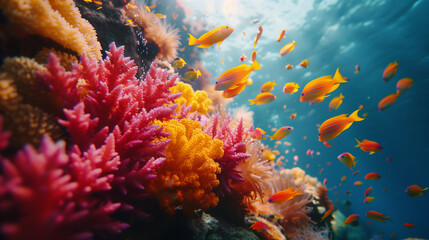 Wall Mural - Underwater coral reef with colorful fish, natural scenery of sea life in the ocean concept