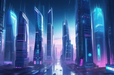 drawn futuristic city skyscrapers