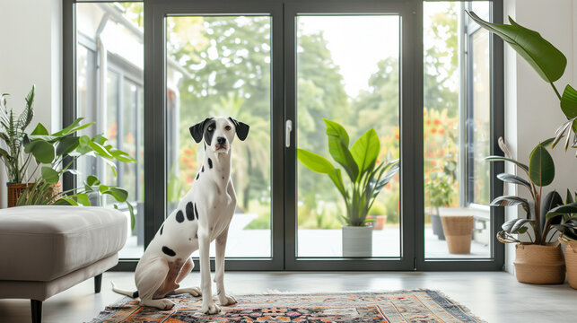 A Dalmatian sits proudly on a soft carpet in a modern living room with large glass doors and pots of plants.