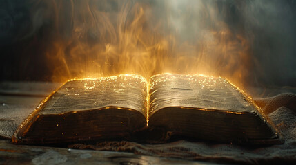 Wall Mural - A Holy Bible with light emitting out and blessings.
