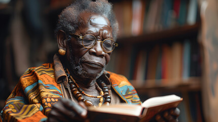 A close-up portrait of an elderly man reading a book in a library.