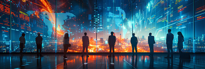 Wall Mural - Futuristic technology concept. Team of artificial intelligence software engineers and finance workers in financial stock market that is digitalized with graphics into digital twin of finance Industry