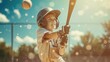 © Summit Art Creations - A portrait of elementary student playing baseball at baseball stadium while wearing safety gear. Energetic child holding baseball bat and standing at baseball field with blurring background. AIG42.