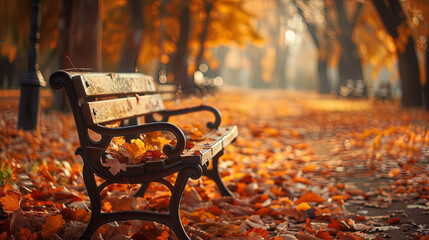 Wall Mural - A bench in an autumn park with a lot of torn orange maple leaves