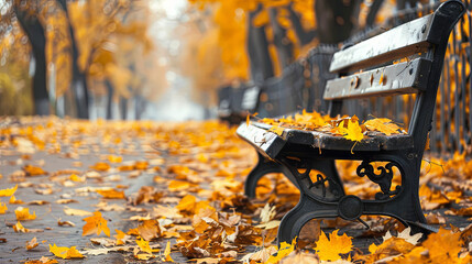 Wall Mural - A bench in an autumn park with a lot of torn orange maple leaves