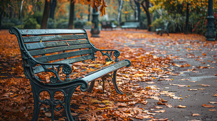 Wall Mural - A bench in an autumn park with a lot of torn orange maple leaves