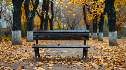 Wall Mural - A bench in an autumn park with a lot of torn orange maple leaves