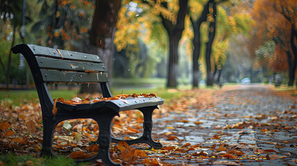 Wall Mural - A bench in an autumn park with a lot of torn orange maple leaves