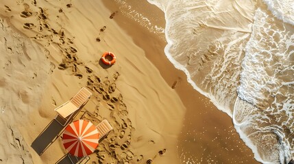 Wall Mural - Beach scene with umbrella, sunbed, and lifebuoy, shot from above, on a sandy shore with waves and footprints. Concept of a summer vacation.