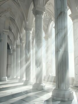 A grand interior with white marble columns, bathed in light from an ethereal glow, evoking a sense of serenity and majesty