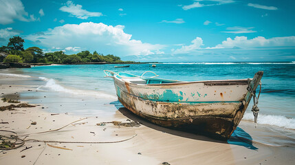 Wall Mural - Boat on the shore of a tropical beach and ocean