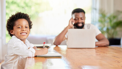 Aufkleber - Family, portrait of son for help with homework, learning and child development in living room of home. Kid, dad and pen for writing, education and knowledge support with teaching and drawing at table