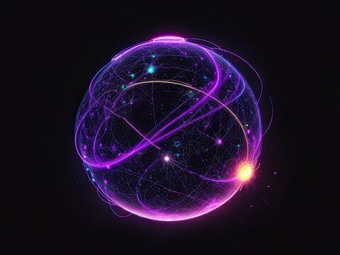 an abstract neon energy sphere of particles and waves of magical glowing on a black background, Isolated on transparent, generative artificial intelligence.