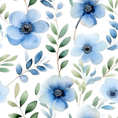 Sticker - Watercolor Seamless Pattern with Luxury Lite Blue Flowers, Leaves and Branches, for Modern Home Decor, Textiles, Wrapping Paper, Wallpaper, Fabric Print, Greeting Cards, Invitation Card, Wall Sticker