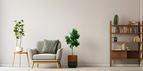 Living room style minimal with green armchair on empty white wall background- 3D rendering
