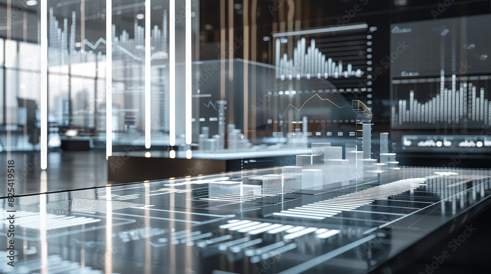 A series of 3D bar charts and line graphs projected onto a clear glass ...