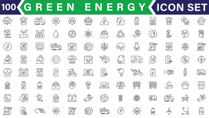 Set of green energy thin line icons. Icons for renewable energy, green technology. Design elements for you projects. Vector illustration