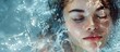 © Oksana - Close-up of a serene woman's face floating in clear water with sunlight reflections and a calm expression. Serene Face of Woman Floating in Water Banner with copy space